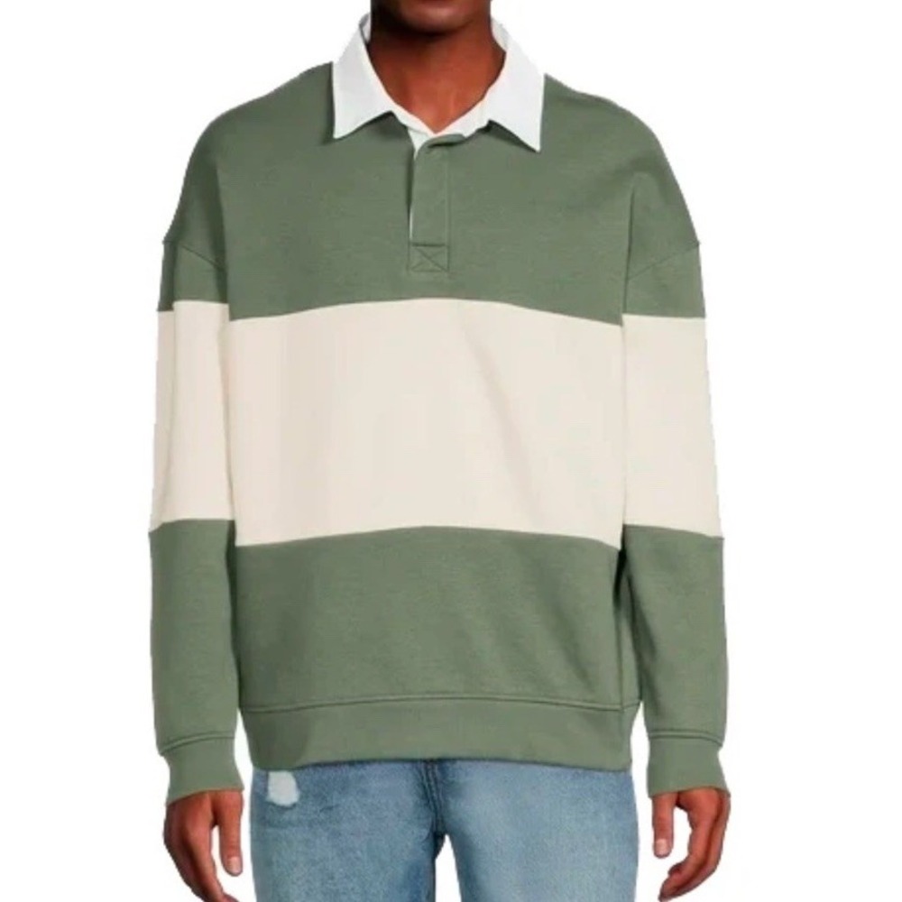 01.Algo Men's Green Clubhouse Colorblock Rugby Polo Long Sleeve Shirt size L NWT